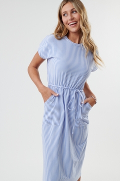 womens blue and white gathered tie waist modest dress